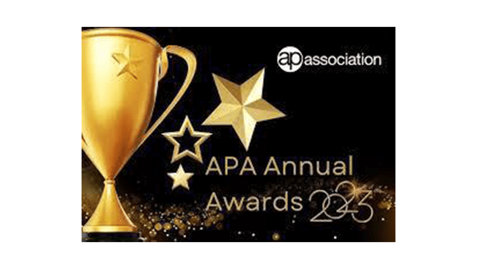 APA Annual Awards 2023 banner with gold trophy and gold stars.