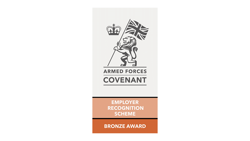 ERZ Bronze Award logo with Armed Forces Covenant and Lion bearing a UK flag.