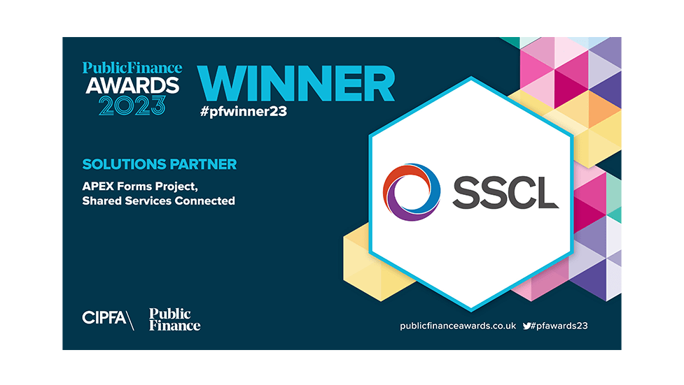 Public Finance Awards 2023 banner with Winner Solutions Partner for APEX Form projected and SSCL logo.