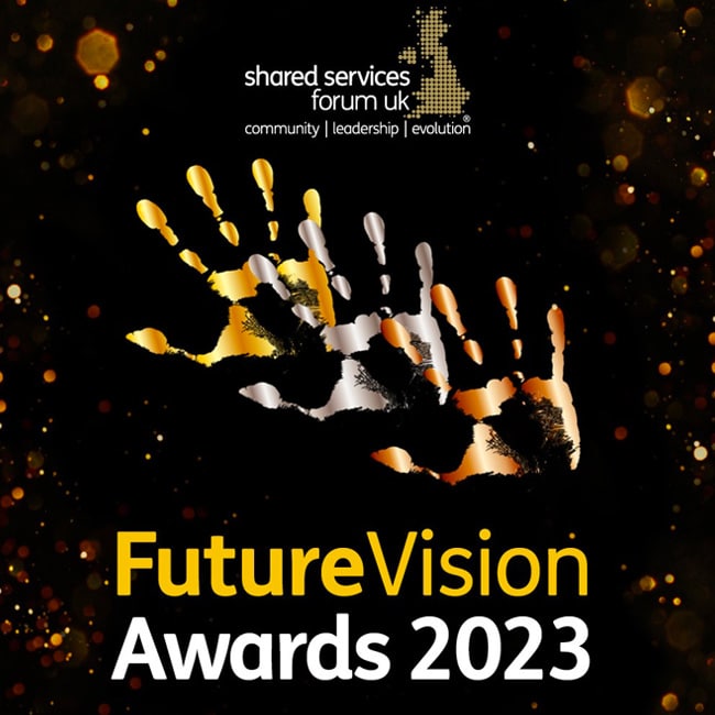 Shared Services Forum UK Future Vision Awards 2023 on a black background with three bronze, gold and siler hand prints in the centre