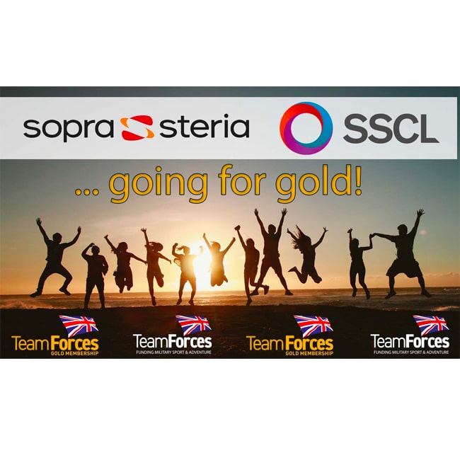 sopra steria and SSCL logo with the text, going for gold! An image of people jumping up in the air in celebration in front of a sunset and Team Forces logos running underneath