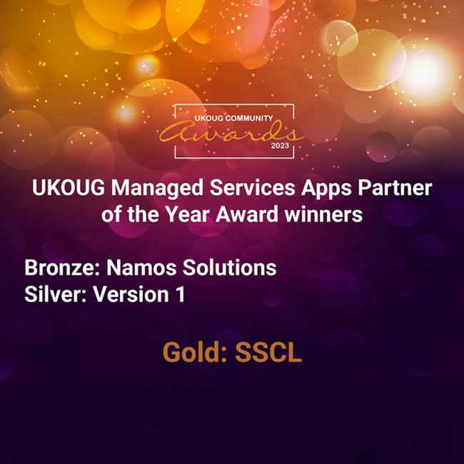 Independent UK Oracle User Group (UKOUG) Community Awards 2023 logo on a purple and gold background for UKOUG Managed Services Apps Partner of the Year Award winners. Gold to SSCL