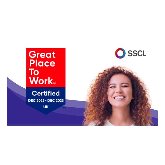 Great Place to Work certified logo Dec 2022-Dec 2023 UK, with the SSCL logo and a head image of a female smiling