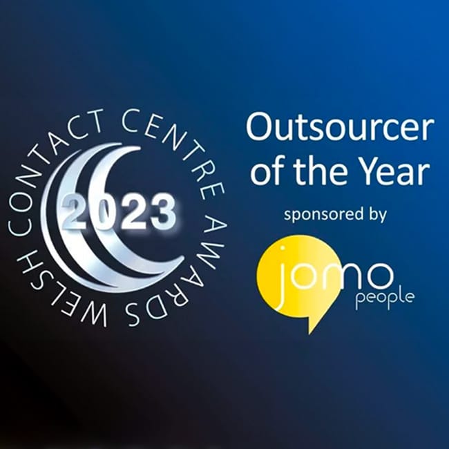 Welsh Contact Centre Awards 2023 logo with Outsourcer of the Year sponsored by jomo people