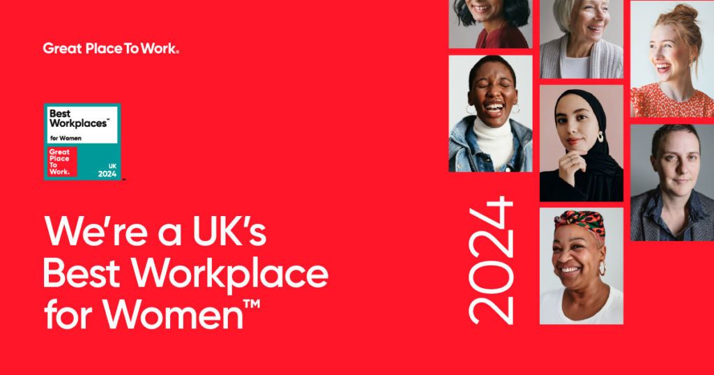 We're a UK's Best Workplace for Women banner with seven small images of smiling women.