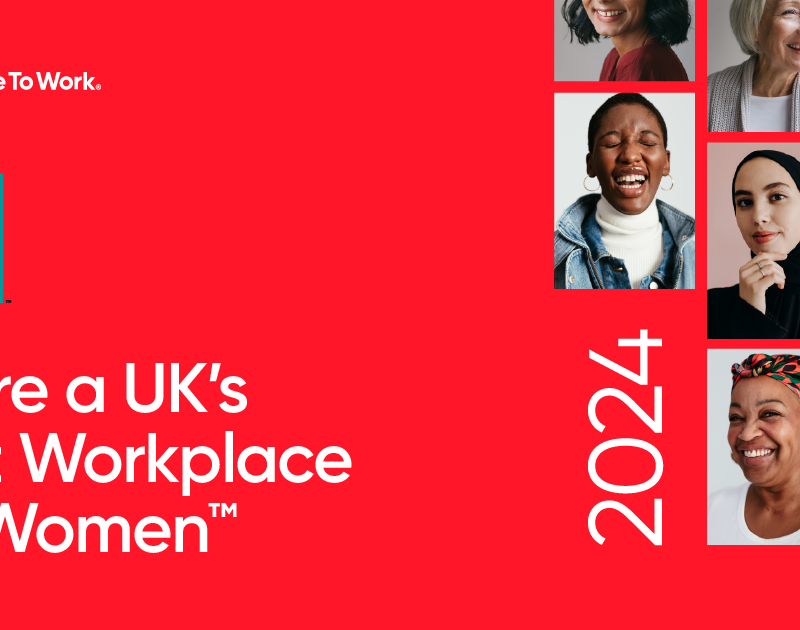 We're a UK's Best Workplace for Women banner with seven small images of smiling women.